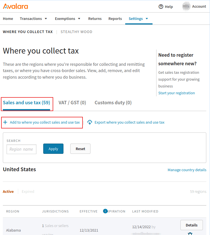Bảng điều khiển quản lý AvaTax, trên trang Where you collect tax, với nút Thêm và tab Thuế bán hàng và Thuế sử dụng được làm nổi bật.