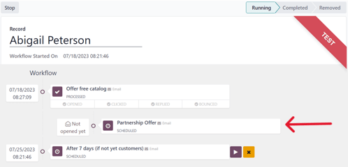 Tiến độ kiểm tra luồng công việc trong Odoo Marketing Automation